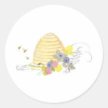 Beehive of Coiled Straw and Flowers Round Stickers