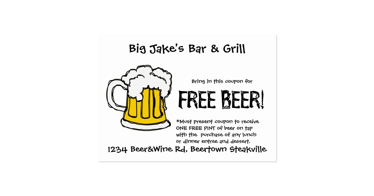 Beer Coupon for Liscensed Bar & Grill Restaurant Large Business Card