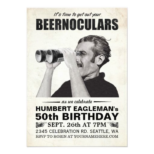 Beernoculars Vintage Birthday Invitation (front side)