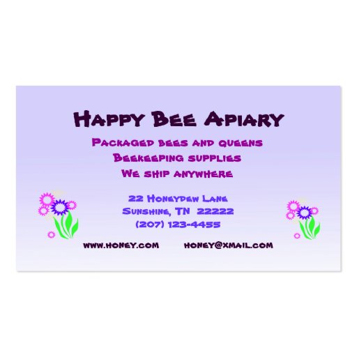 Bees for Sale Business Card (back side)