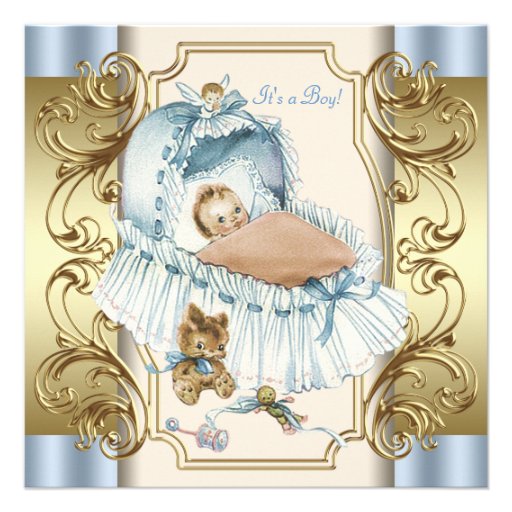 Beige and Blue Vintage Baby Boy Shower Personalized Invite