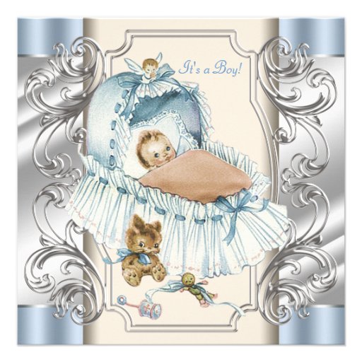 Beige and Blue Vintage Baby Boy Shower Invites