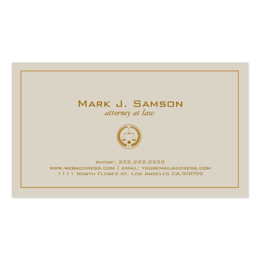 Beige And Gold Classic Attorney At Law Business Card Templates (back side)