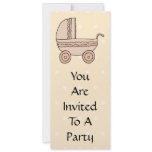 Beige Baby Pram. On spotty background. Personalized Invitation