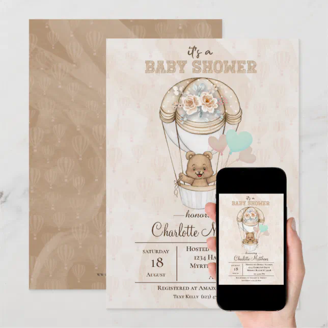 Beige Bear Hot Air Balloon Baby Shower Invitation Zazzle