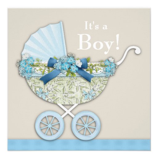 Beige Blue Baby Carriage Boy Shower Personalized Invitations