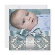 Beige Blue Damask Baby Boy Photo Christening Custom Announcement