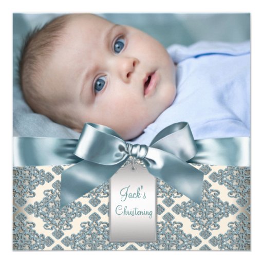 Beige Blue Damask Baby Boy Photo Christening Custom Announcement (front side)