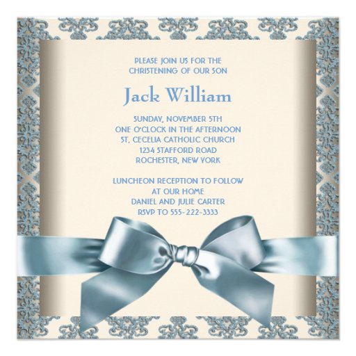 Beige Blue Damask Baby Boy Photo Christening Custom Announcement