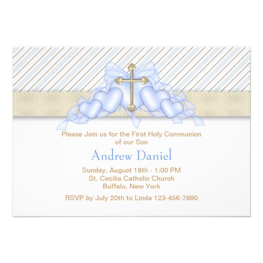 Beige Blue Gold Cross Boys Blue First Communion Custom Invite