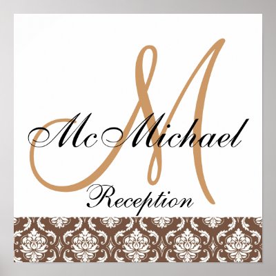 Wedding Reception Shoes on Brown Damask Monogram Wedding Reception Posters By Monogramgallery