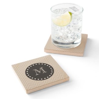 Beige Chevron Pattern | Black Monogram Stone Beverage Coaster
