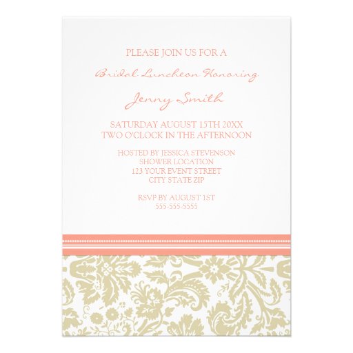 Beige Coral Damask Bridal Lunch Invitation