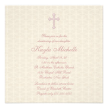 Beige Damask Pink Baby Girl Christening Personalized Announcement