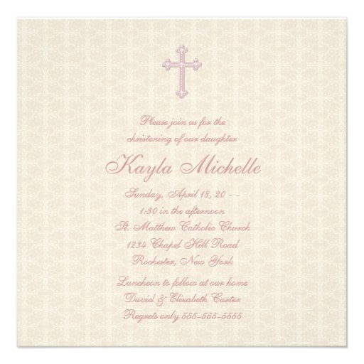 Beige Damask Pink Baby Girl Christening Personalized Announcement