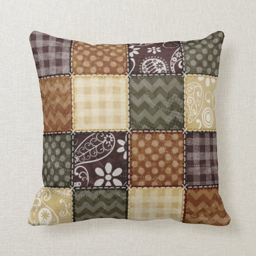 Beige, Dark Brown, and Olive Green Quilt look Throw Pillow Zazzle