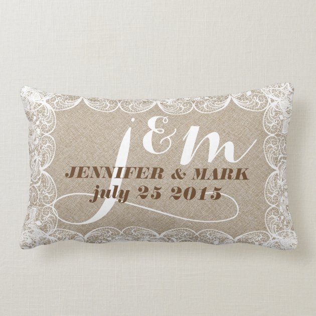Beige Faux Linen & White Lace Wedding Pillow 2