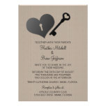 Beige Heart Lock and Key Wedding Invite