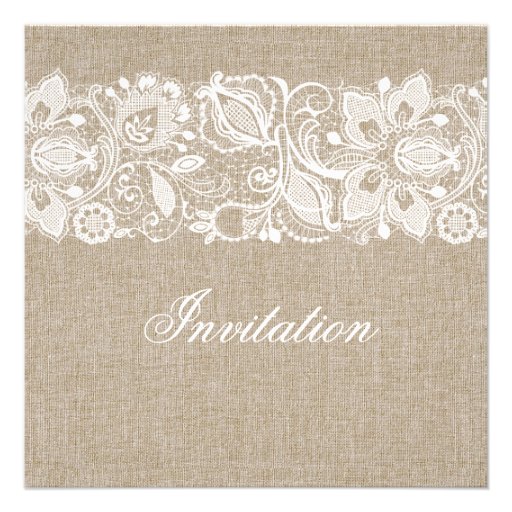 Beige Linen Burlap & White Floral Lace 2 Invite
