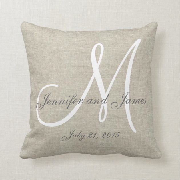 Beige Linen Gray White Monogram Wedding Keepsake Pillow