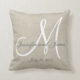 Beige Linen Gray White Monogram Wedding Keepsake Pillows
