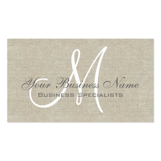 Beige Linen Grey Simple Plain Monogram Business Cards (front side)
