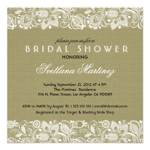 Beige Linen & White Lace Bridal Shower Invite