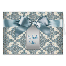 Beige Teal Blue Damask Thank You Cards