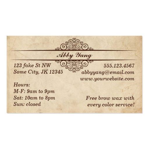 beige textured paper scissors hair stylist shears business card template (back side)