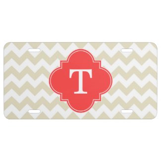 Beige White Chevron Coral Red Quatrefoil Monogram License Plate