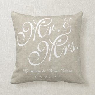 Beige White Linen Mr. and Mrs. Wedding Pillow