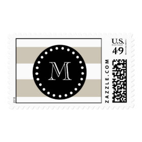 Beige White Stripes Pattern, Black Monogram Postage Stamps