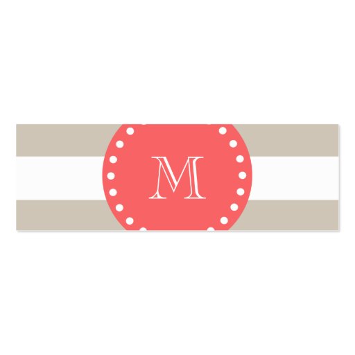 Beige White Stripes Pattern, Coral Monogram Business Card (front side)
