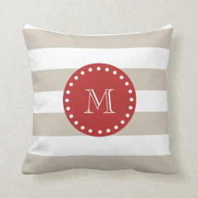 Beige White Stripes Pattern, Red Monogram Pillow