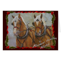 Belgian Draft horse team Holiday card on red