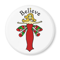 Believe Holiday Dragonfly Fairy Round Fridge Magnet