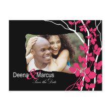 Bella Save the Date Floral (black/fuschia) Photo postcard