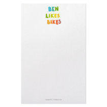 Ben Likes Bikes fun colorful name word art gifts Personalized Stationery