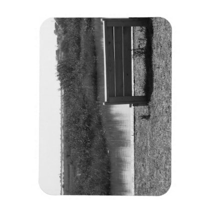Bench by river black and white picture magnet