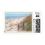 Bench on Beach Watercolor Painting Postage Stamp
