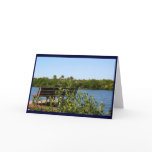 Bench on dock with nature preserve blue sky cards