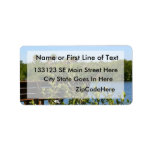 Bench on dock with nature preserve blue sky custom address label