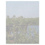 Bench on dock with nature preserve blue sky letterhead