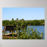 Bench on dock with nature preserve blue sky posters