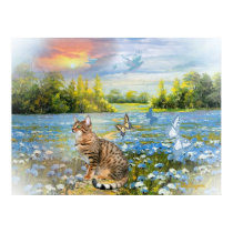 Bengal in bed of blue flowers Print