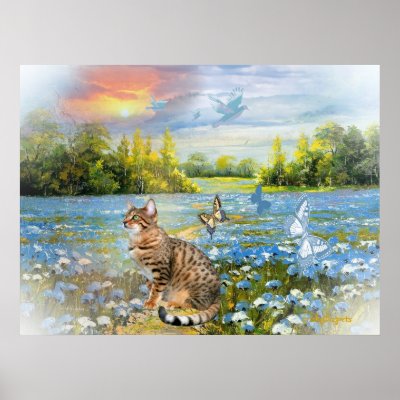 Bengal in bed of blue flowers Print by friskybiz