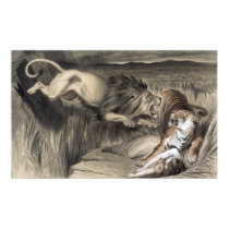 BENGAL TIGER ATTACKED BY BRITISH LION  1870 POSTER