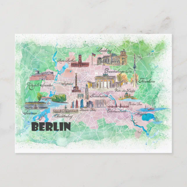 Berlin Germany Illustrated Map With Main Roads Postcard Zazzle