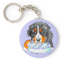 Bernese Mt Dog Cake Face Birthday Keychain