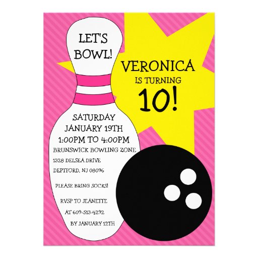 Berry Pink Bowling Bash Bowling Birthday Party Custom Invitations